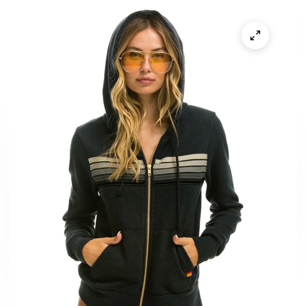 Aviator Nation 5 Stripe Hoodie in Charcoal/Grey Stripes (Medium)